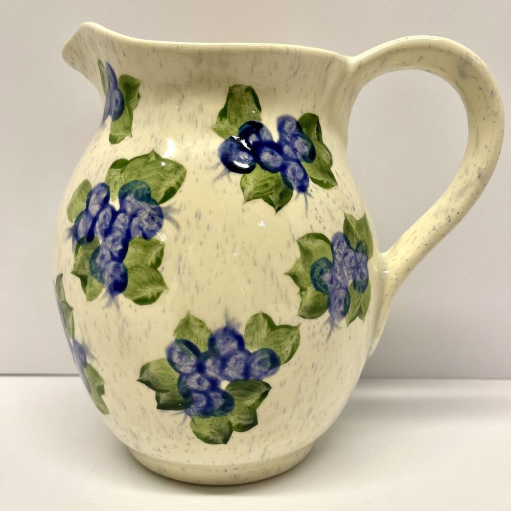 Vintage Maine Blueberry Pottery Pitcher, 7" - Hand‑Painted Speckled Cream Glaze